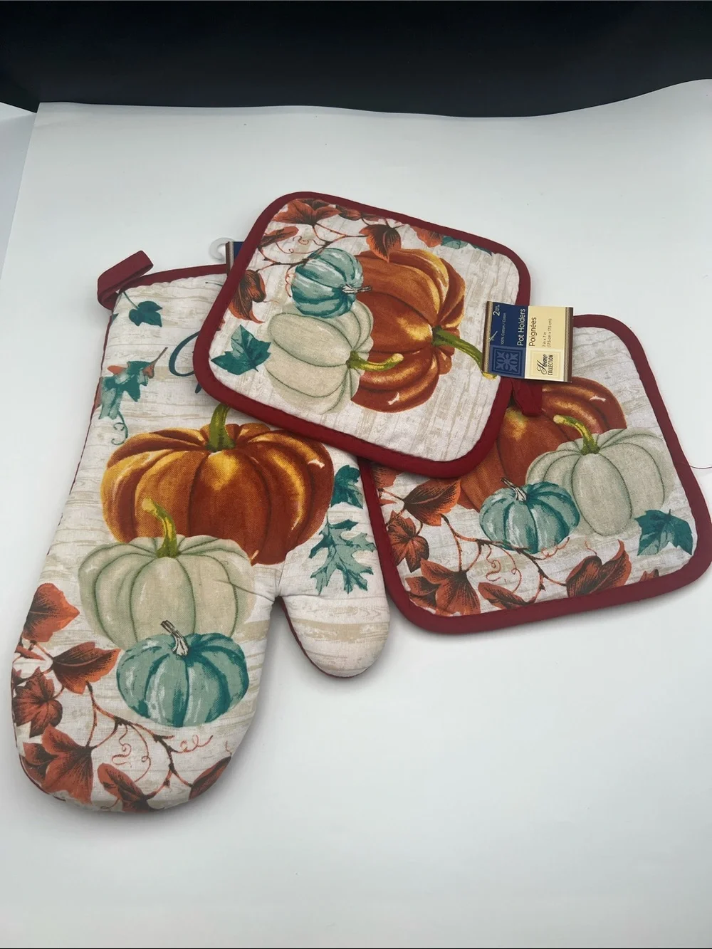 Home Collection Pumpkin Oven Mitt and Pot Holder Set - Orange & Teal
